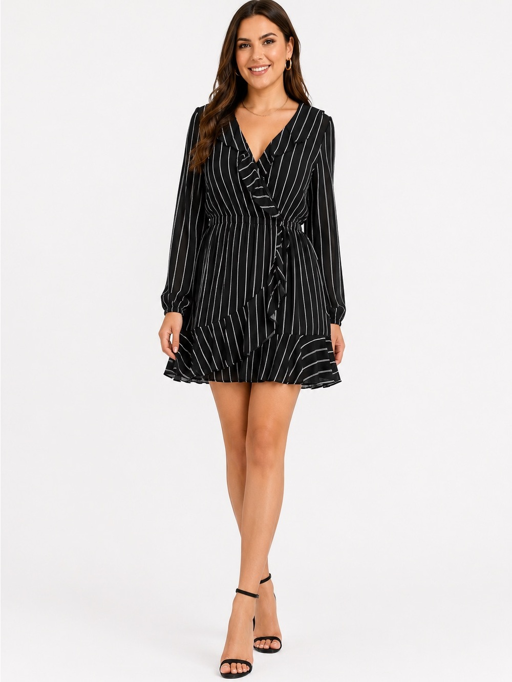 Express Pinstripe Long Sleeve Wrap Ruffle Dress Size Large NWOT